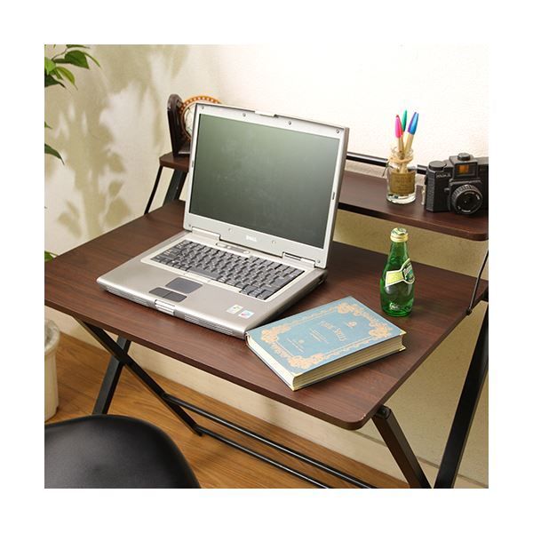 フォールディングデスク 折りたたみデスク 幅88×奥行64cm ダークブラウン×ブラック 収納棚付き 省スペース収納 代引不可 MARWIL-DEMENAGEMENTS_CH