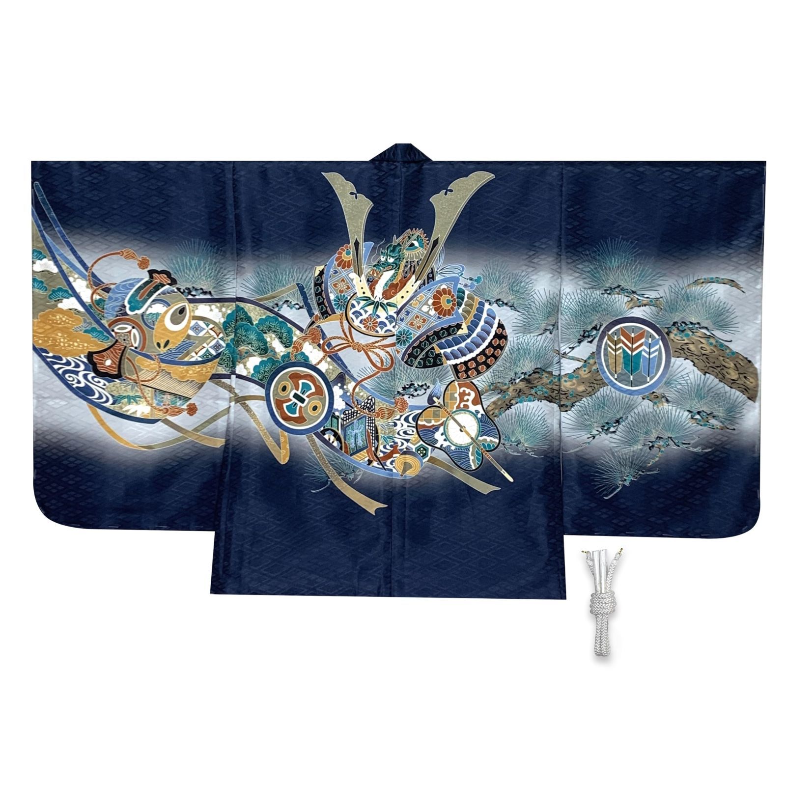 京都室町st． 七五三 羽織 5歳 男の子 羽織紐付き 753 羽織り 単品 着物用 お正月 節句などに 合繊 紺 兜に軍配 御所車 NGTho03-K