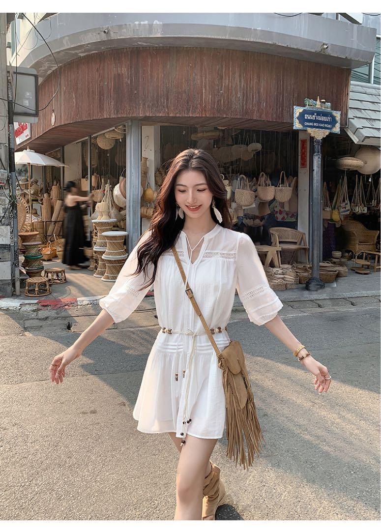 ♥ ホワイトVネックツーピース 春夏ミニワンピ女子会デート用