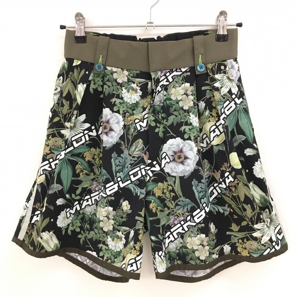 超 マークアンドロナ ショートパンツ 黒×カーキ 花柄 裏地付 ストレッチ レディース 38 M ゴルフウェア MARK＆LONA
