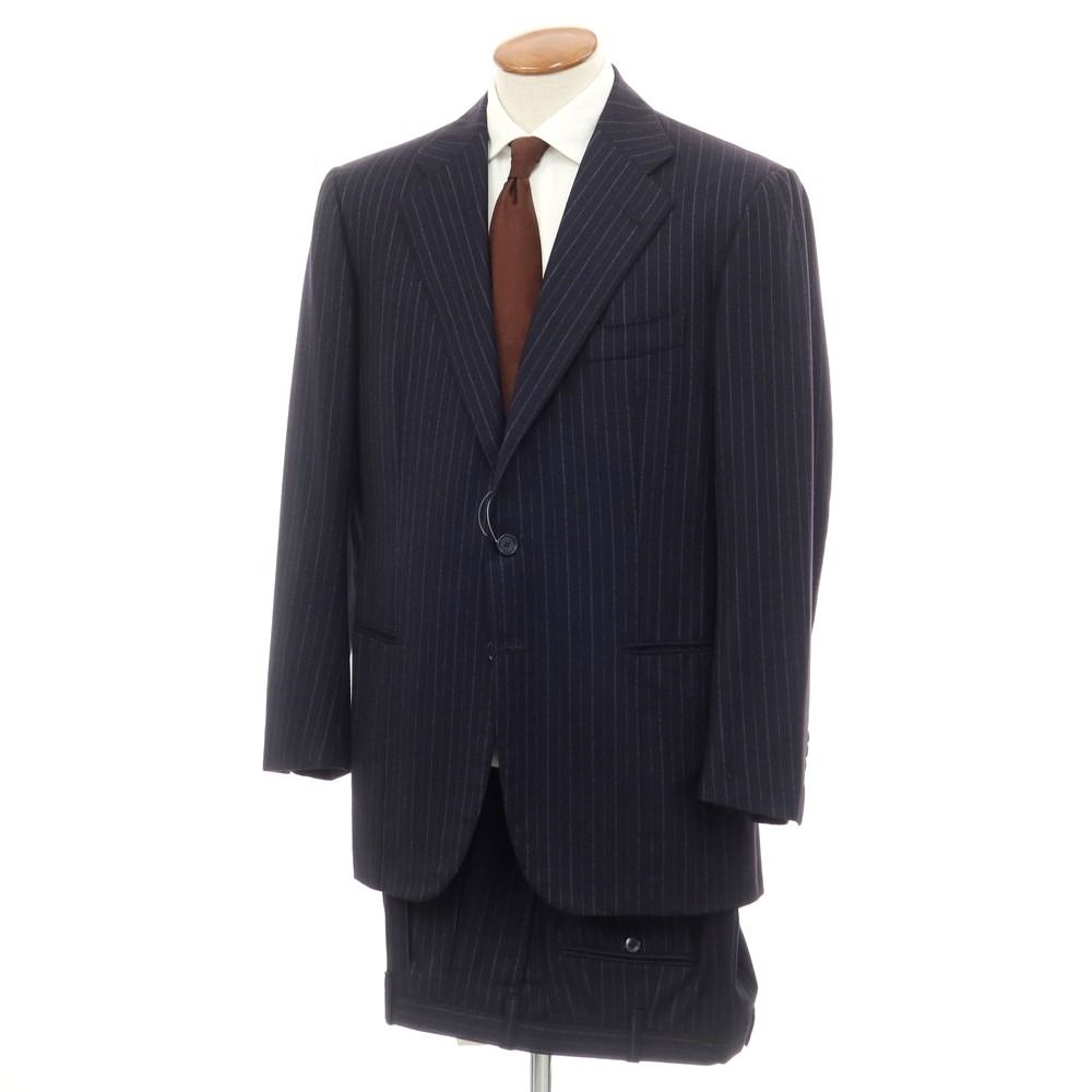 【中古】チェーザレ アットリーニ Cesare Attolini ウール ストライプ 3つボタンスーツ ネイビー【サイズ52】【メンズ】