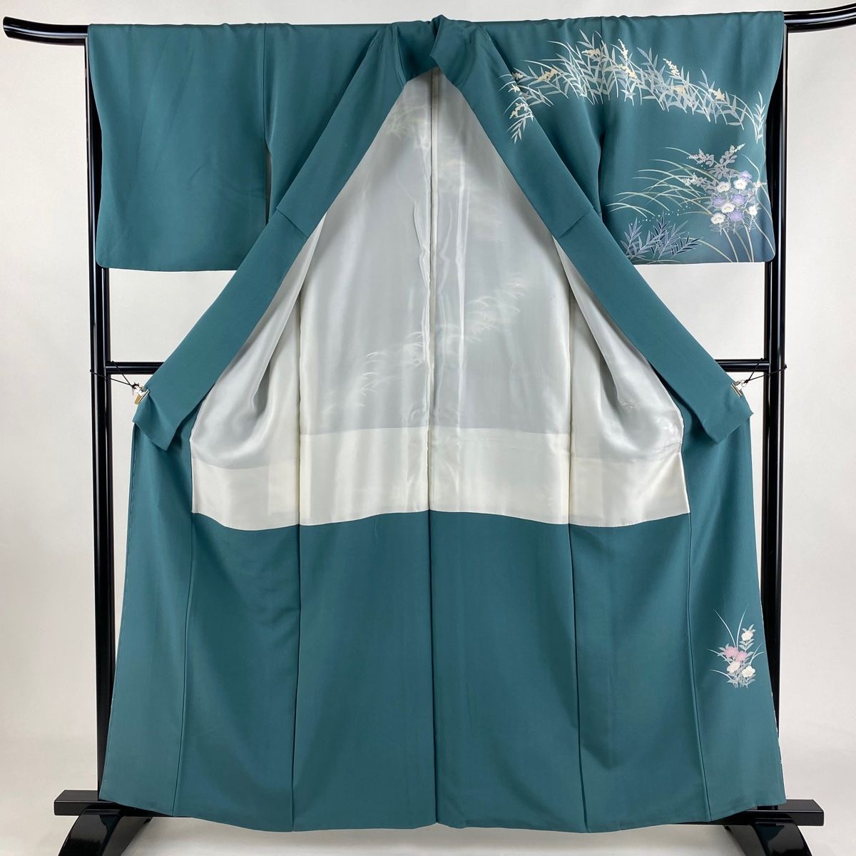 訪問着 身丈160cm 裄丈65cm M 袷 落款 秋草 ぼかし 青緑 正絹 名品  