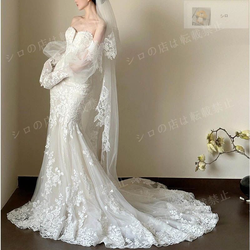 ♥ 2025 ウェディングドレス ウエディングドレス 二次会 結婚式 前撮り ブライダル ロングドレス 花嫁 レース マーメイドライン フィッシュテール オフショルダー チューブトップ 大人 編み上げ