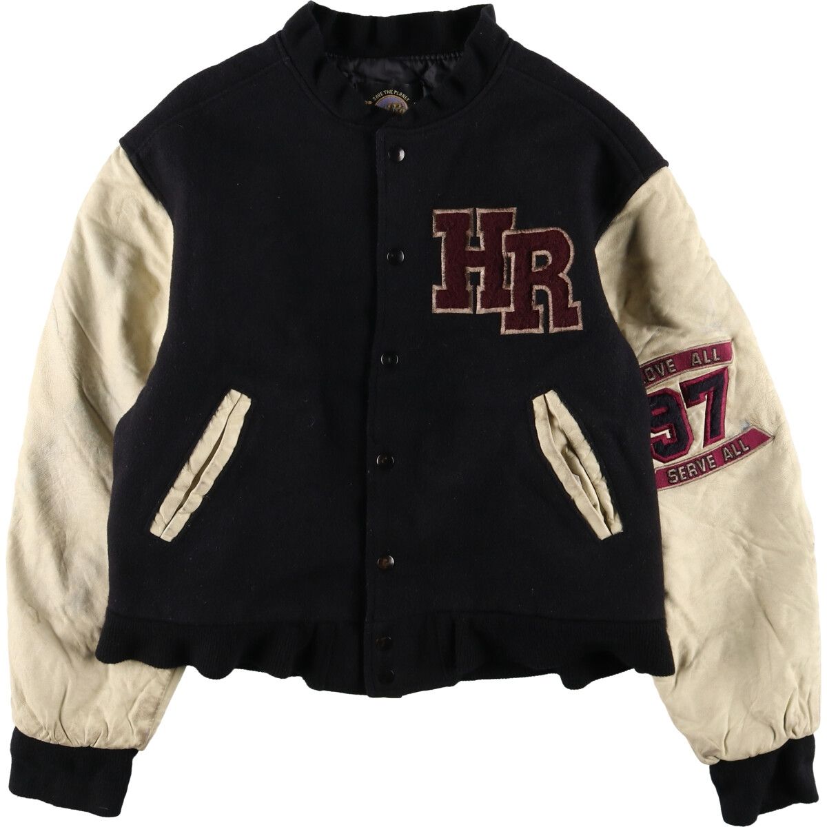 古着 90年代 ハードロックカフェ HARD ROCK CAFE 袖革ウールボタンスタジャン バーシティジャケット USA製 メンズM相当/evb009904
