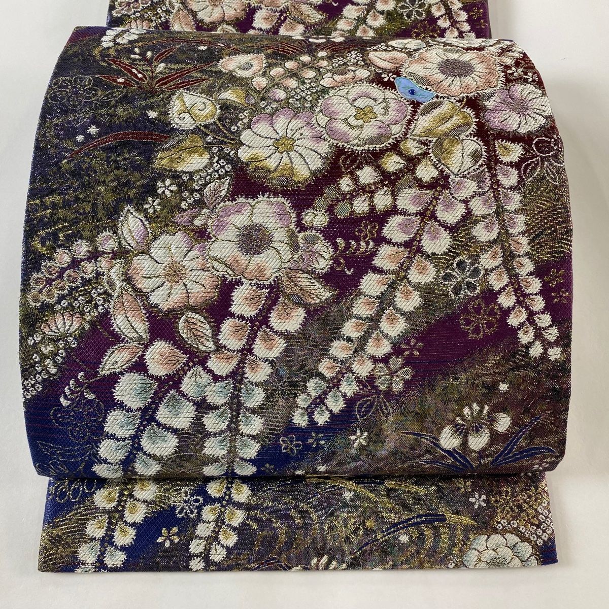 袋帯 美品 秀品 道長に波と辻が花 やまと 箔 紫 お太鼓柄 正絹