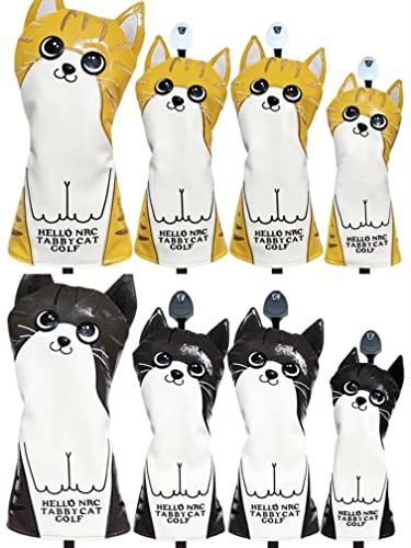 黄_3点セット ゴルフ ヘッドカバー ドライバー カバー ウッド用カバー UT用カバー ぶち猫 (黄， 3点セット)