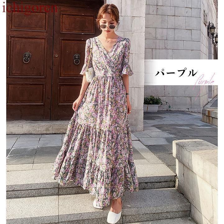 ワンピース 春 きれいめ ロング 花柄 半袖 Vネック おしゃれ