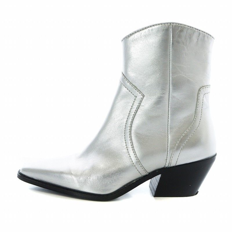 ザラ ZARA METALLIC LEATHER COWBOY ANKLE BOOT メタリックレザー カウボーイ アンクル ブーツ ウエスタン ショート スクエアトゥ チャンキーヒール 36