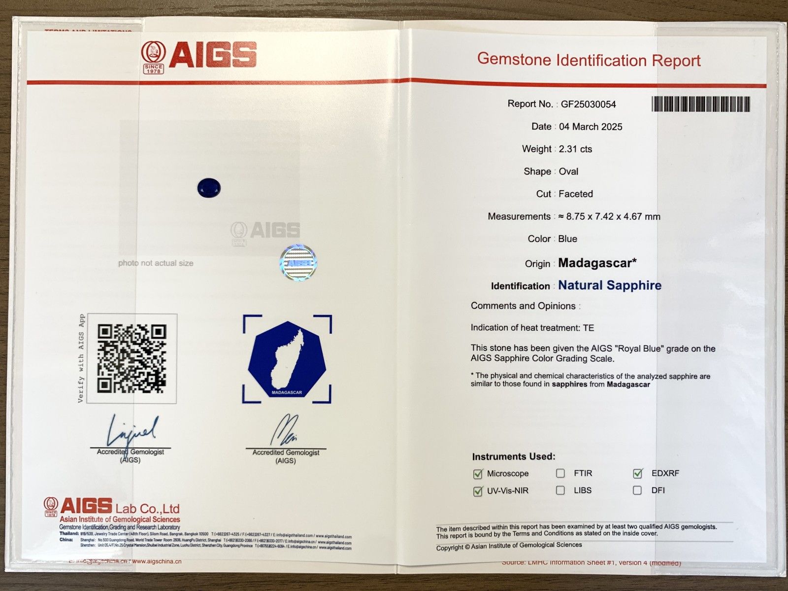 サファイア 2.31ct AIGS宝石鑑別書付き Royal Blue Madagascar 8.75  
