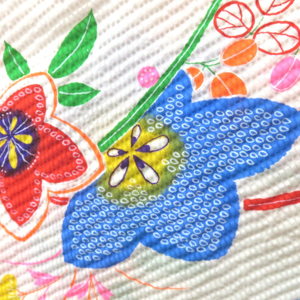 浴衣 子供ゆかた 女の子用 綿 リップル生地 白色 蛍光カラー 花 夏用 夏物 女児