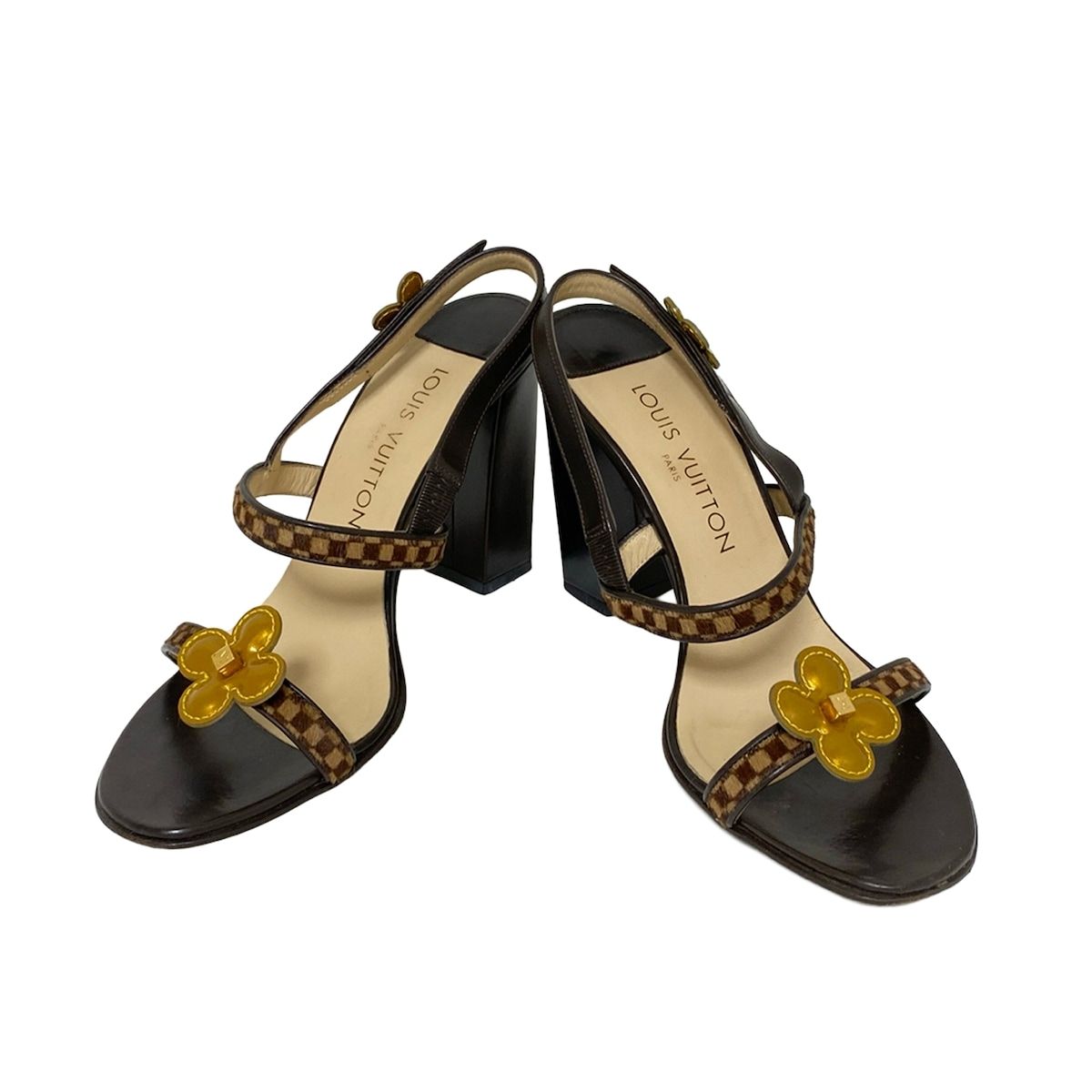 LOUIS VUITTON ルイヴィトン サンダル 361|2 レディース - ダークブラウン×ベージュ×ゴールド ダミエソバージュ|フラワー レザー