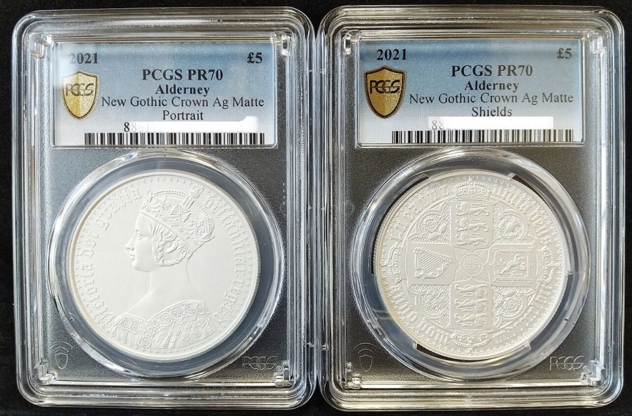 2021 Gothic Crown Alderney PCGS PR70 Set of 2 ￡5 Matte Proof Coin Silver