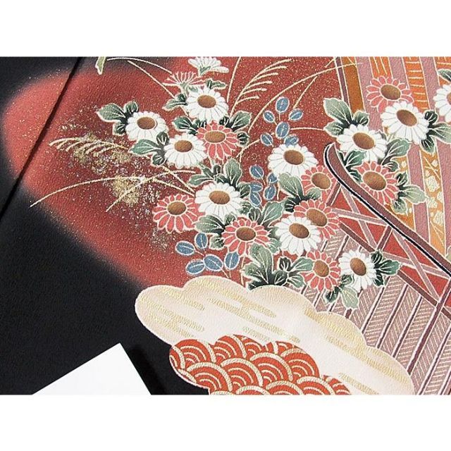 黒留袖 正絹一越 比翼(化繊) 刺繍(金駒) 御所車に吉祥花 148cm前後  