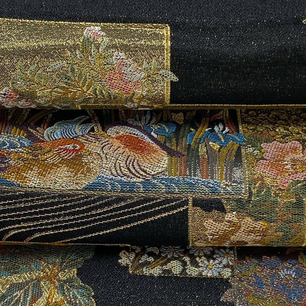 丸帯 逸品 日本紀行 風景 箔 金色 正絹 【中古】（丸帯 美品 逸品 色紙 