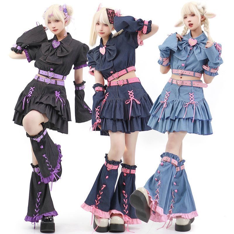 かわいい デニムスカート 量産型 服 上下セット ショート丈 ワンピース スカートセットアップ ギャル レトロ シャツ デニムワンピース ポンポンスカート ミニスカート レディース