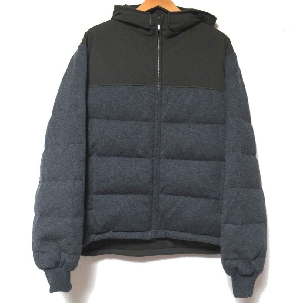 美品 Loro Piana ロロピアーナ カシミヤ100％ レザー切替 リバーシブル ジップアップ フーデッド ダウンジャケット 52 カーキ×グレー メンズ 古着 中古 USED