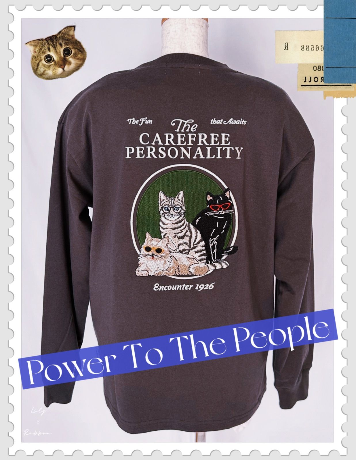 118. 新品タグ付きPower To The People パワートゥーザピープル ワンポイントロゴプリントu0026バックBIGイラスト 刺繍デザイン ロングスリーブTシャツ CAT チャコール メンズ M 刺繍Tシャツ ロンT 猫