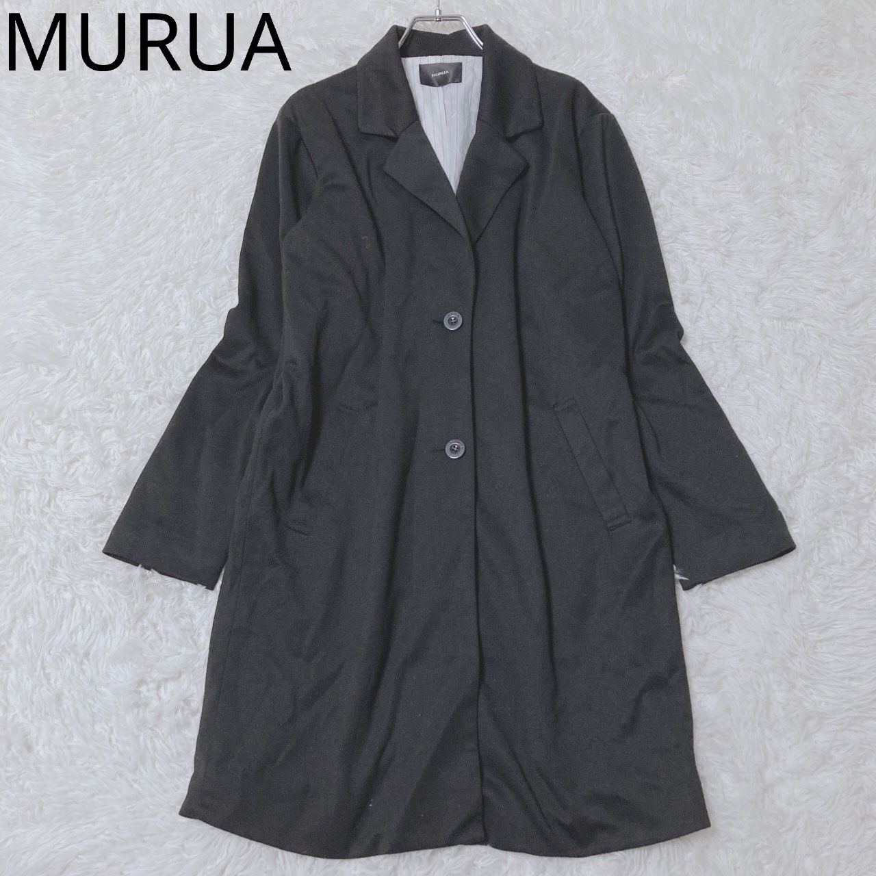 MURUA ブラックロングコート ファー付き MURUA】フェイクファー 