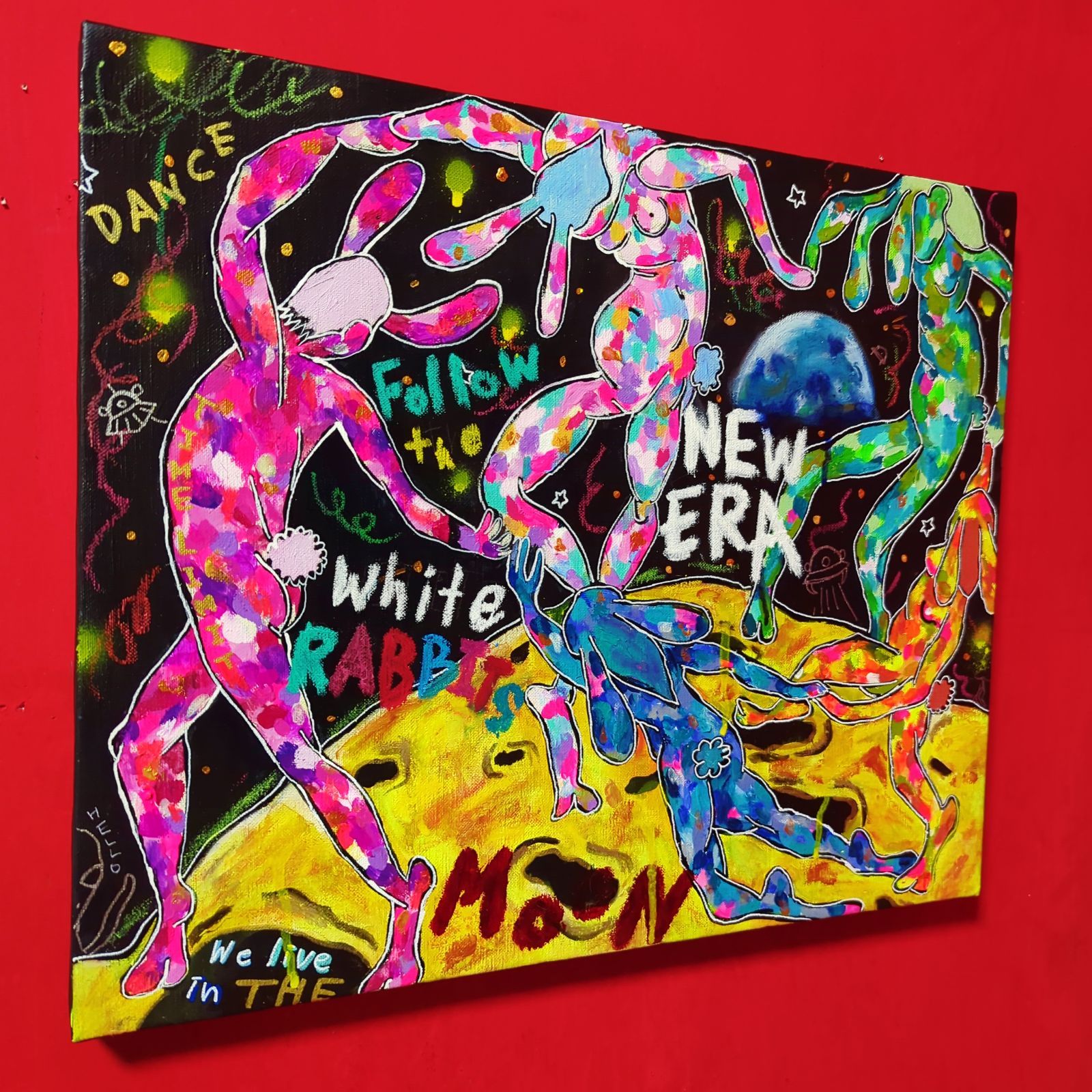 【インパクトアート】月の裏側でダンスするうさぎの絵【F8号】 インパクトアート】月の裏側でダンスするうさぎの絵【F8号