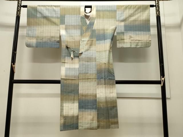 平和屋着物＃道中着　単衣　紬地　格子柄　ロング丈　正絹　逸品　CAAW4939dy 平和屋着物＃道中着 単衣 紬地 格子柄 ロング丈 正絹 逸品 CAAW4939dy