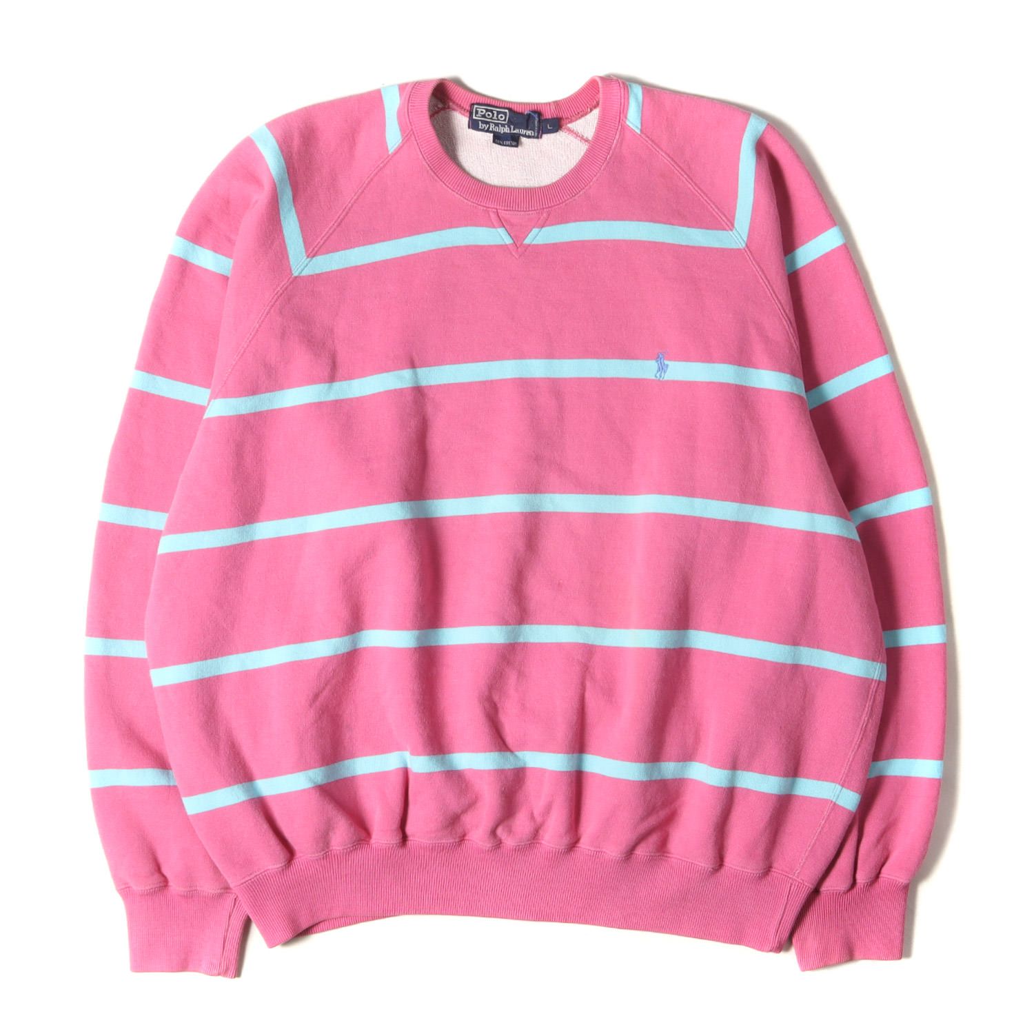 POLO Ralph Lauren ポロ ラルフローレン スウェット サイズ:L 90s 前V ボーダー ラグラン クルーネック スウェットシャツ ピンク ターコイズ 90年代 古着 トップス トレーナー【メンズ】