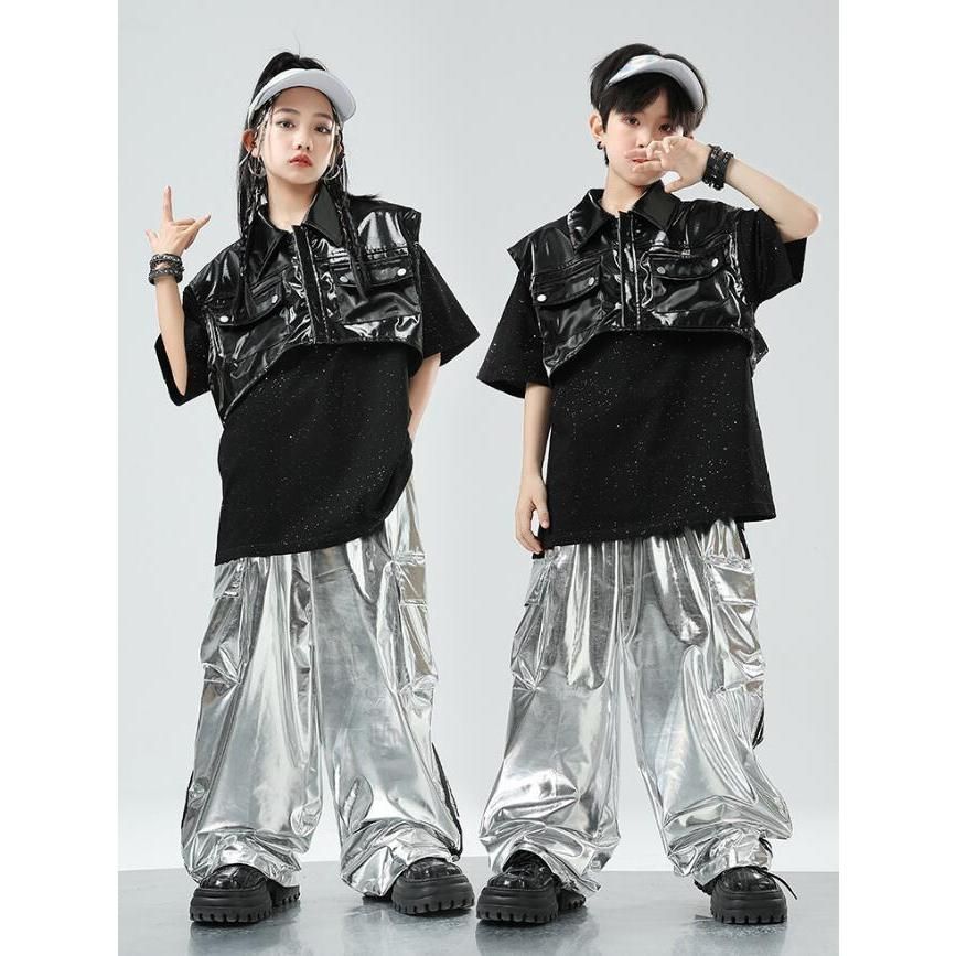子供ダンス衣装 男の子女の子ヒップホップジャズダンス衣装 レザーベスト シルバーパンツ 半袖ｔシャツ 2|3点セットアップ TMX0889