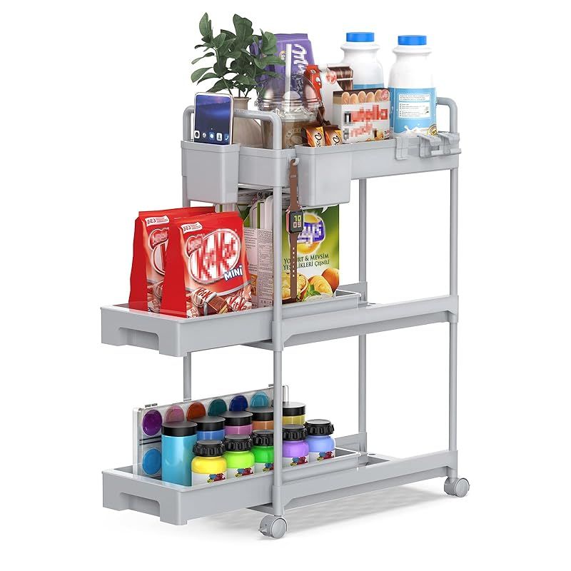 SPACEKEEPER キッチンワゴン 隙間収納 スリム 22cm 収納カップ 仕切板付き 多機能 小物 食品 調味料 キャスター付き 組立簡単 浴室 台所 冷蔵庫横 3段 グレイ (引き出し式) 1