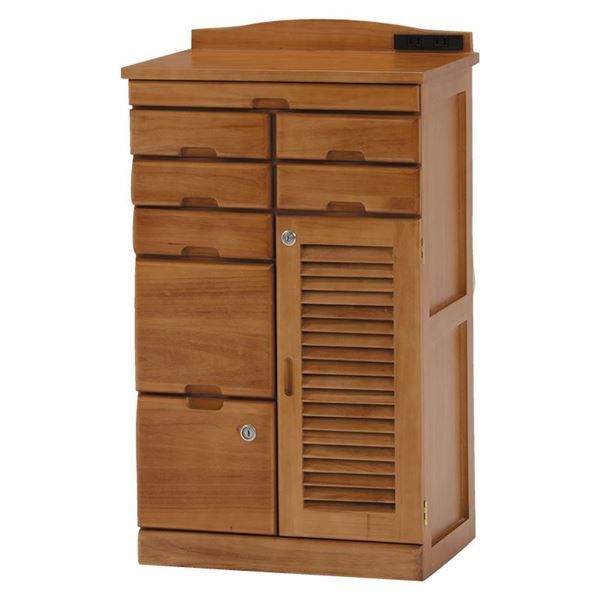 サイドボード 電話台 幅48cm ライトブラウン 木製 2口コンセント 鍵付き 隠しキャスター付き 多引き出し FAX台 リビング 代引不可