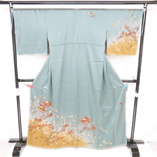 千總 ちそう セミアン 扇に花模様 青×白 金彩 金駒刺繍 袷 正絹 振袖 着物 訪問着 金駒刺繍 扇 花模様 菊 桔梗 着物 064w d