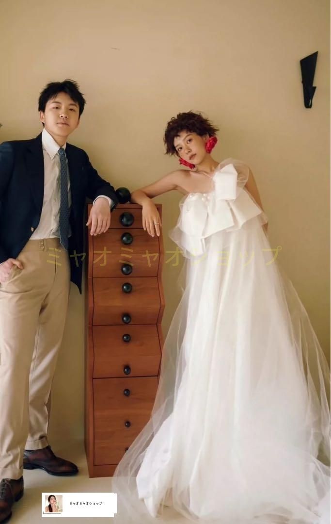 大きなリボン付ウェディングドレス?パールが可愛い結婚式用マタニティOK