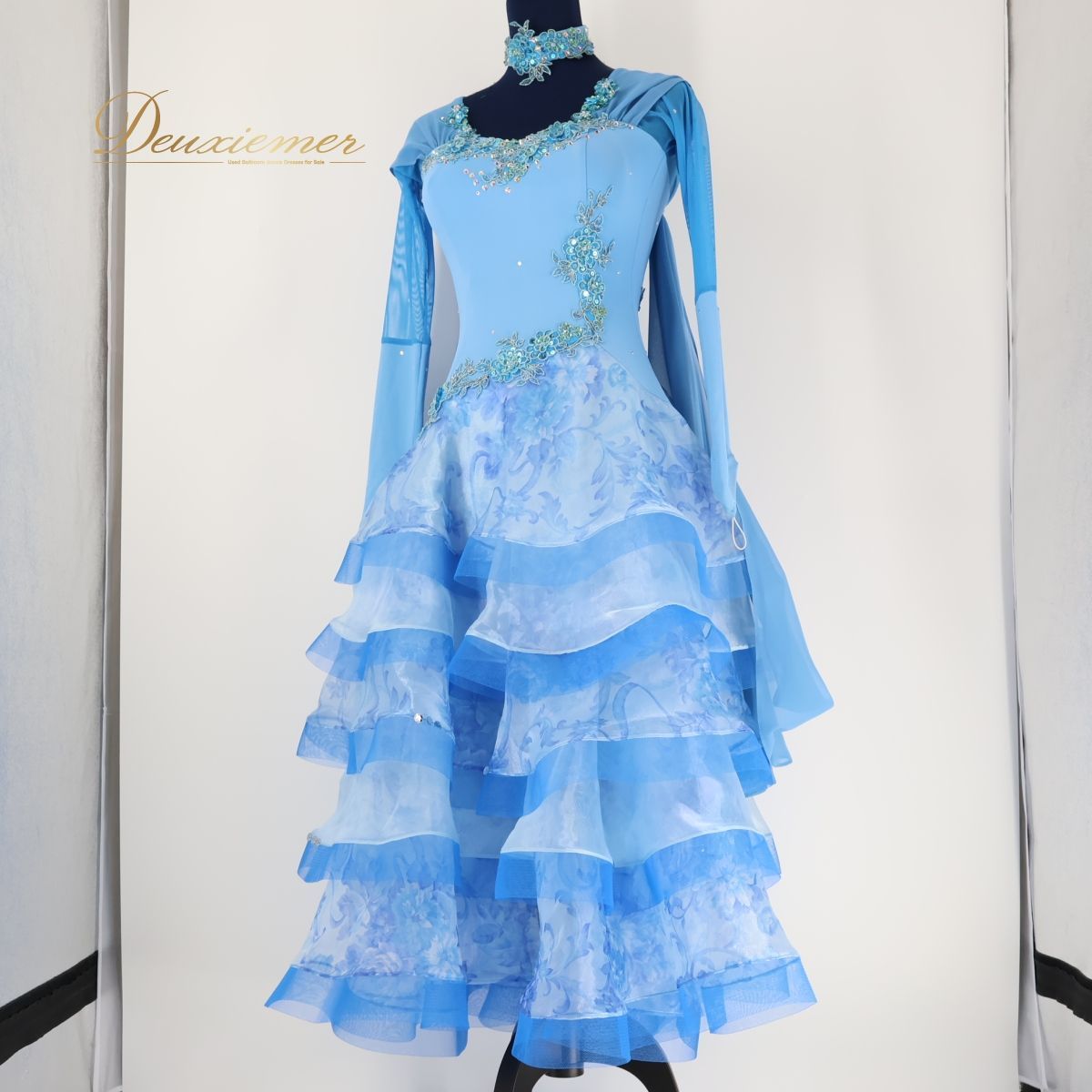 【社交ダンス衣装】ブルー leirena レイリーナ ワンピース ドレス フリル 水色 フロート 花柄 上品 綺麗 かわいい 青 長袖 社交ダンス衣装】ブルー leirena レイリーナ ワンピース ドレス