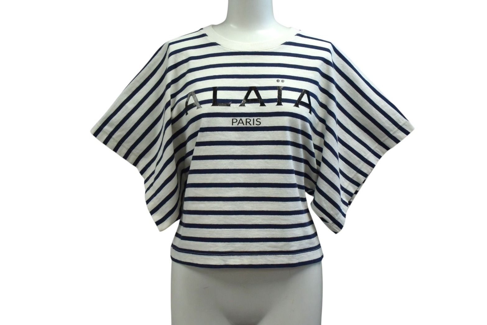 ALAIA アライア 半袖Tシャツ AA9H02913J043 サイズ38 ボーダー ロゴ プリント ホワイト ネイビー 4b001106