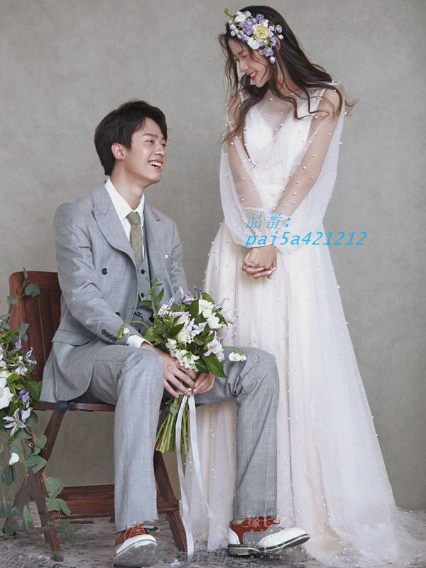 ウェディングドレス ロングドレス スレンダードレス チュール ベージュ 長袖 花嫁 可愛い 結婚式 前撮り 二次会 ブライダル ウエディングドレス パール pai5a421212