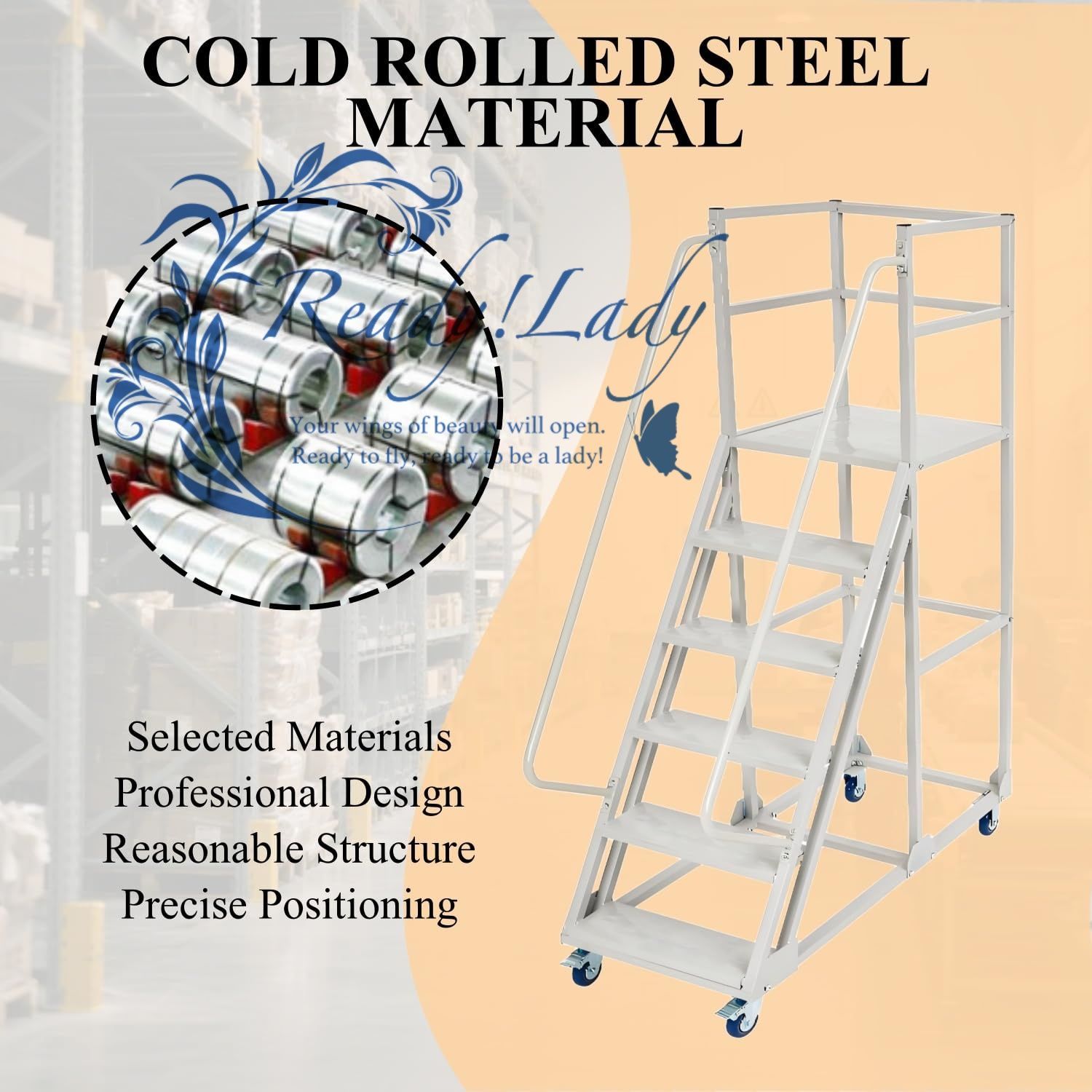 頑丈なスチール製キャスター付きはしご 階段エッジプロテクター付き工業用ピッキングラダー 図書館用スチール製ローリングステップ - 耐荷重350kg 倉庫 スーパーマーケット 図書館用 グレー 4 Steps WWW_OLIVIERBERNSTEIN_COM