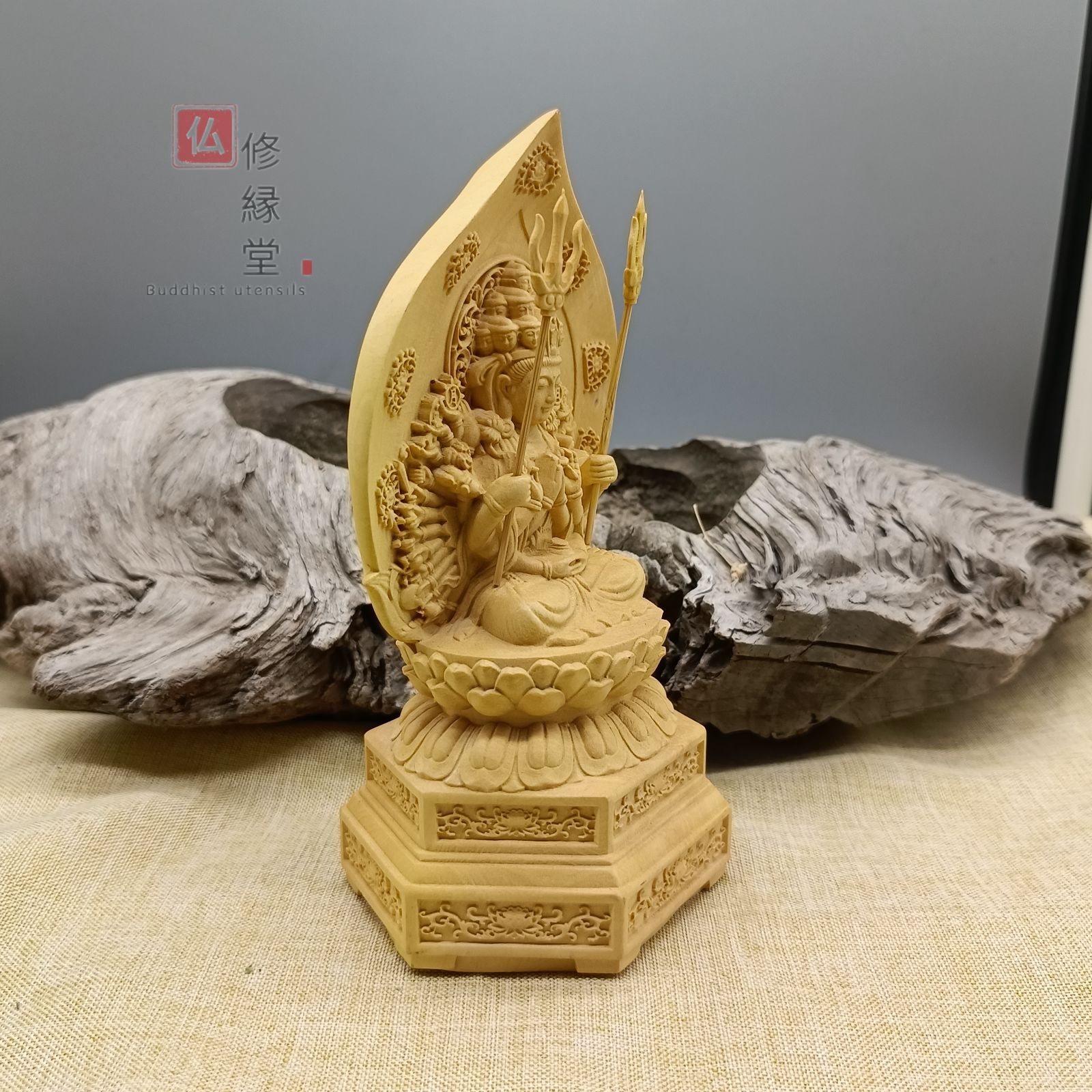 修縁堂】大迫力 木彫り 仏像 千手観音菩薩立像 彫刻 一刀彫 天然木檜材 