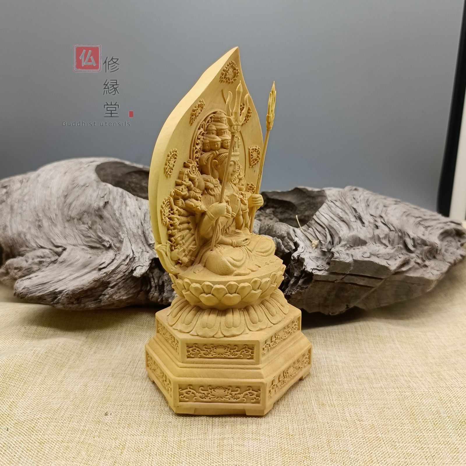 修縁堂】珍品 木彫り 仏像 千手観音菩蕯座像 彫刻 一刀彫 天然木檜材