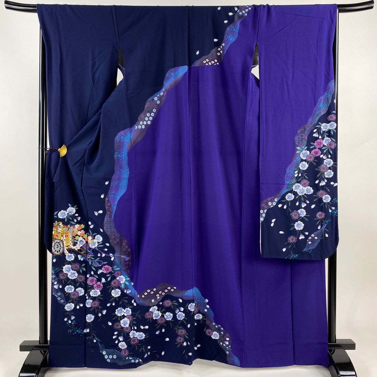振袖 身丈167cm 裄丈67cm M 袷 御所車 桜 刺繍 金糸 紺色 正絹 名品