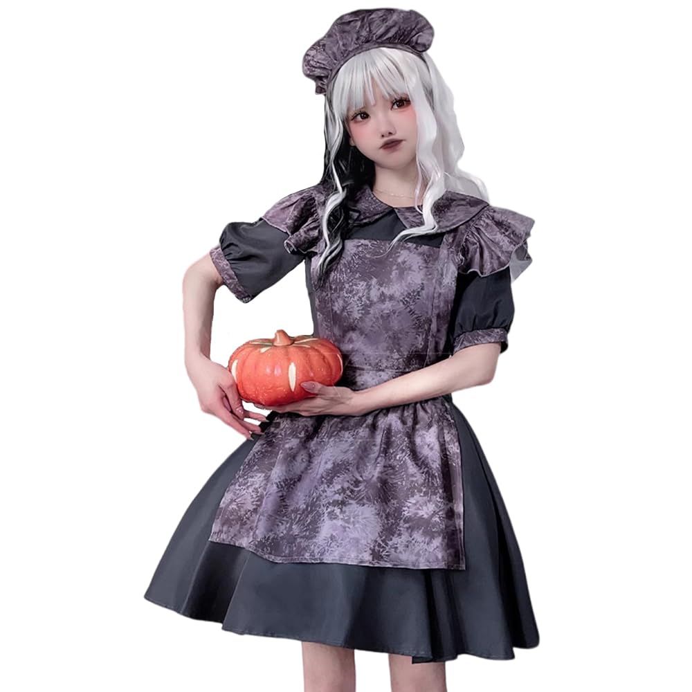 【新着商品】[RPFLQ] ハロウィン メイド服 コスプレ 仮装 衣装 怖い ホラー グレー レディース コスチューム エプロン カチューシャ 衣装 かわいい パーティー イベント 大人用 女性用 ワンピース 3点セット