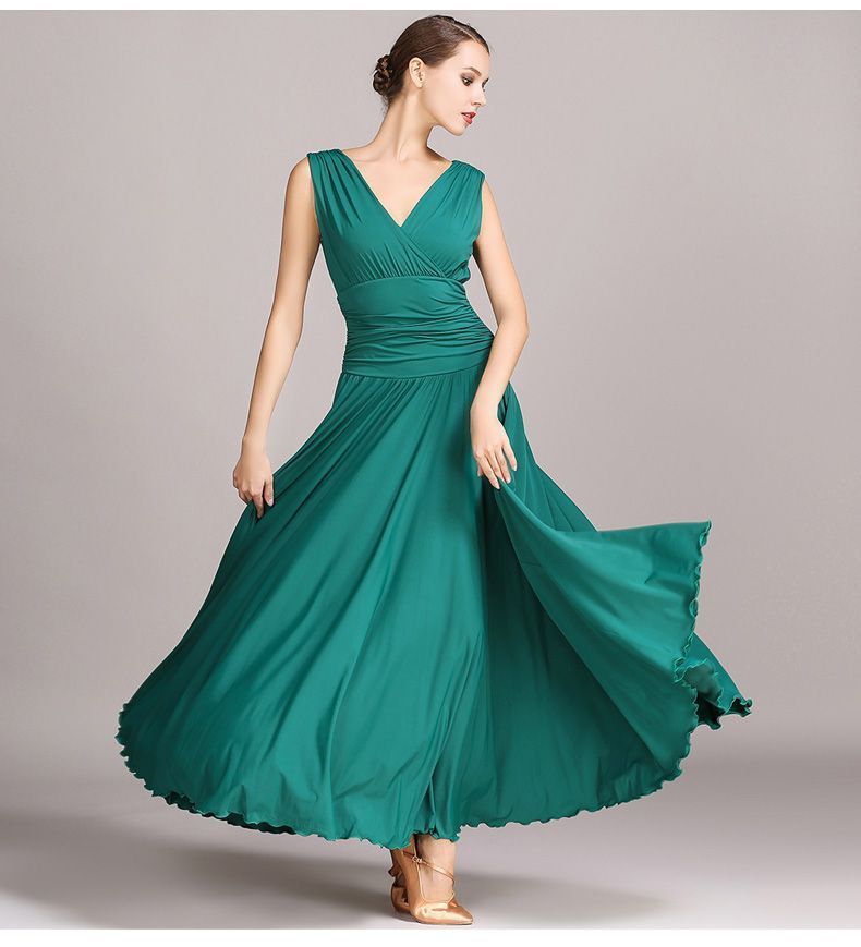 モダンダンスドレス S8006 豪華ロングドレス ノースリーブ Vネック 大フ 裾 ステージ衣装 撮影会用 ブラック グリーン レッド パープル ブルー 社交ダンス イベント コスチュー