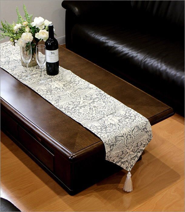 テーブルランナー ロング おしゃれ タッセル付き モダン 北欧 テーブルクロス Strawberry Thief GY 180 cm