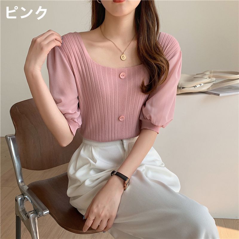 サマーニット レディース 半袖 Tシャツ ニットス スクエアネック パフスリーブ ス シンプル ニット キレイめ 夏 大人 女性用 サマーニット レディース 半袖 Tシャツ ニットトップス スクエア