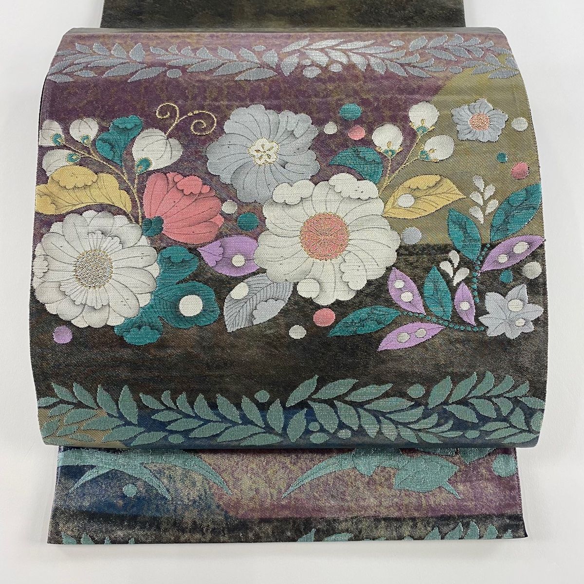 袋帯 秀品 辻ヶ花 横段 箔 黒灰 お太鼓柄 正絹