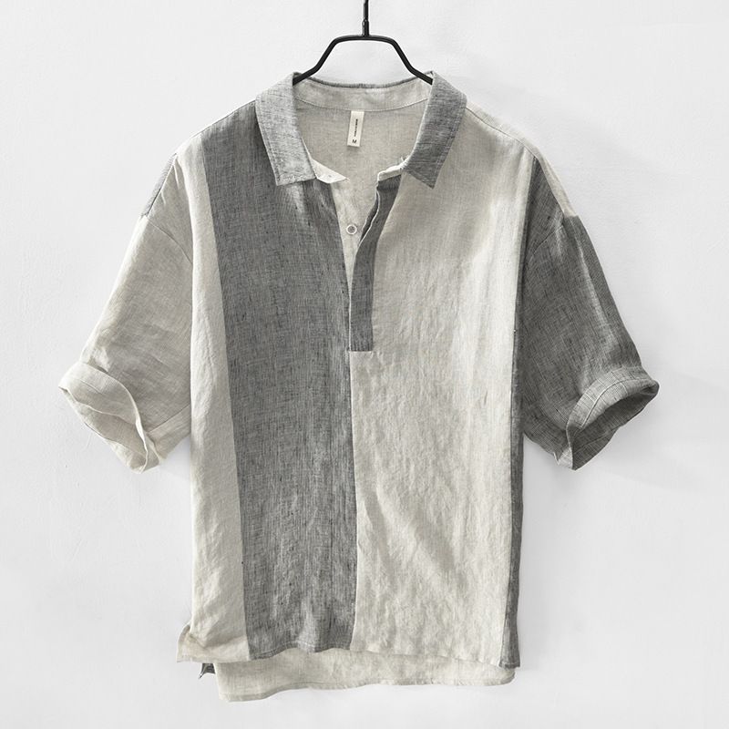 半袖シャツ 上質 リネンシャツ メンズ Tシャツ 切り替え　新品 亜麻  夏 サマー 半袖シャツ 麻シャツ 心地良し