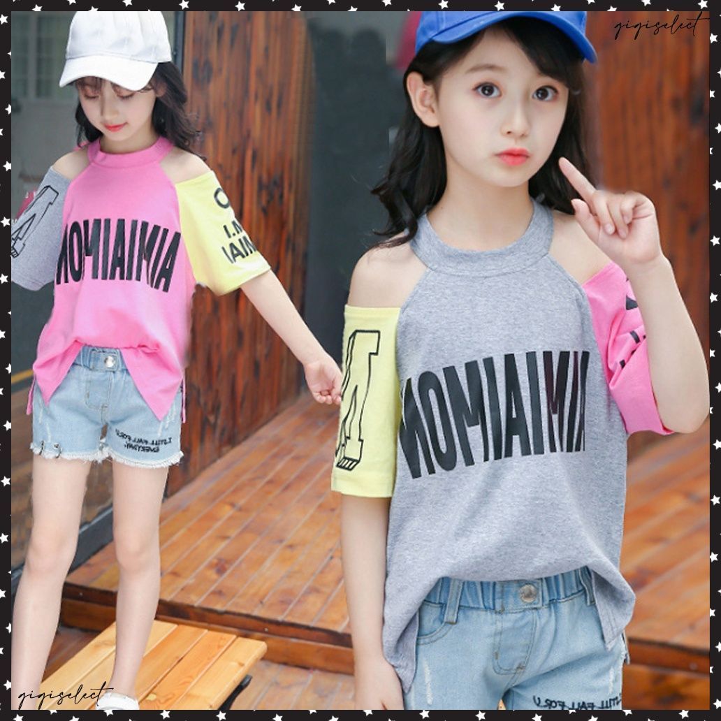 子供服 半袖tシャツ キッズ 女の子 英字柄 ドッキング おしゃれ カジュアル女の子おしゃれ肩開きデザインTシャツトレンド感たっぷりのオフショルダーは1枚で一気に夏らしいコーディネート