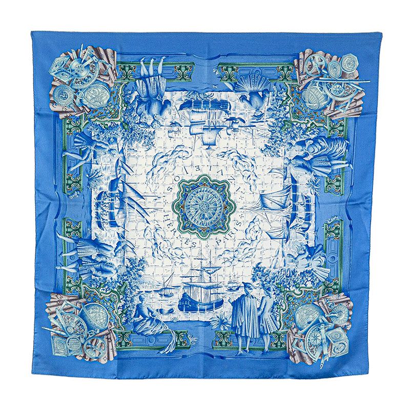 ❤未使用品❤カレ45 ライトブルーｘネイビー ひまわり エルメス 箱付き エルメス カレ90 AZVLEJOS 大航海時代に思いを馳せて ブルー