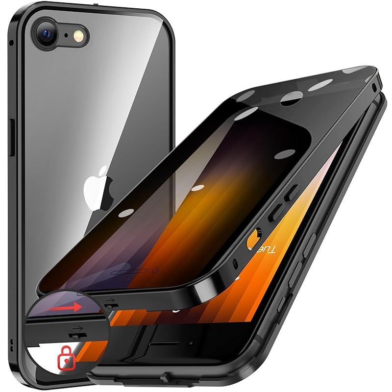 HGUTREY【覗き見防止・自動ポップアップボタン】 iPhone SE3 用 ケース 第3世代 2022 iPhone SE2 8 7 用 ケース 【ロック付き】【ストラップホール付き】 両面9H強化ガラス 耐衝撃 アルミ バンパー メタ