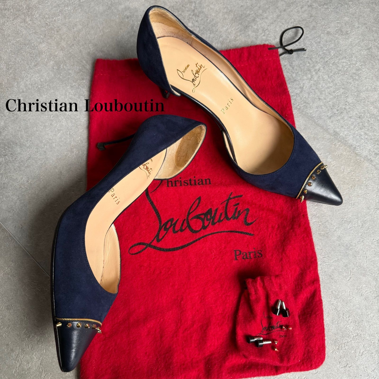 Christian Louboutin クリスチャンルブタン スタッズ スエードパンプス ネイビー ゴールド金具 36 1|2 23.5cm