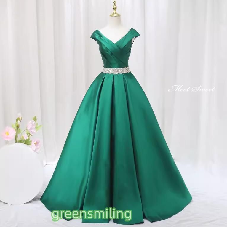ドレス プリンセスライン グリーン サテン フレンチスリーブ ロングドレス ウェディングドレス 結婚式 二次会 花嫁 前撮り 演奏会 発