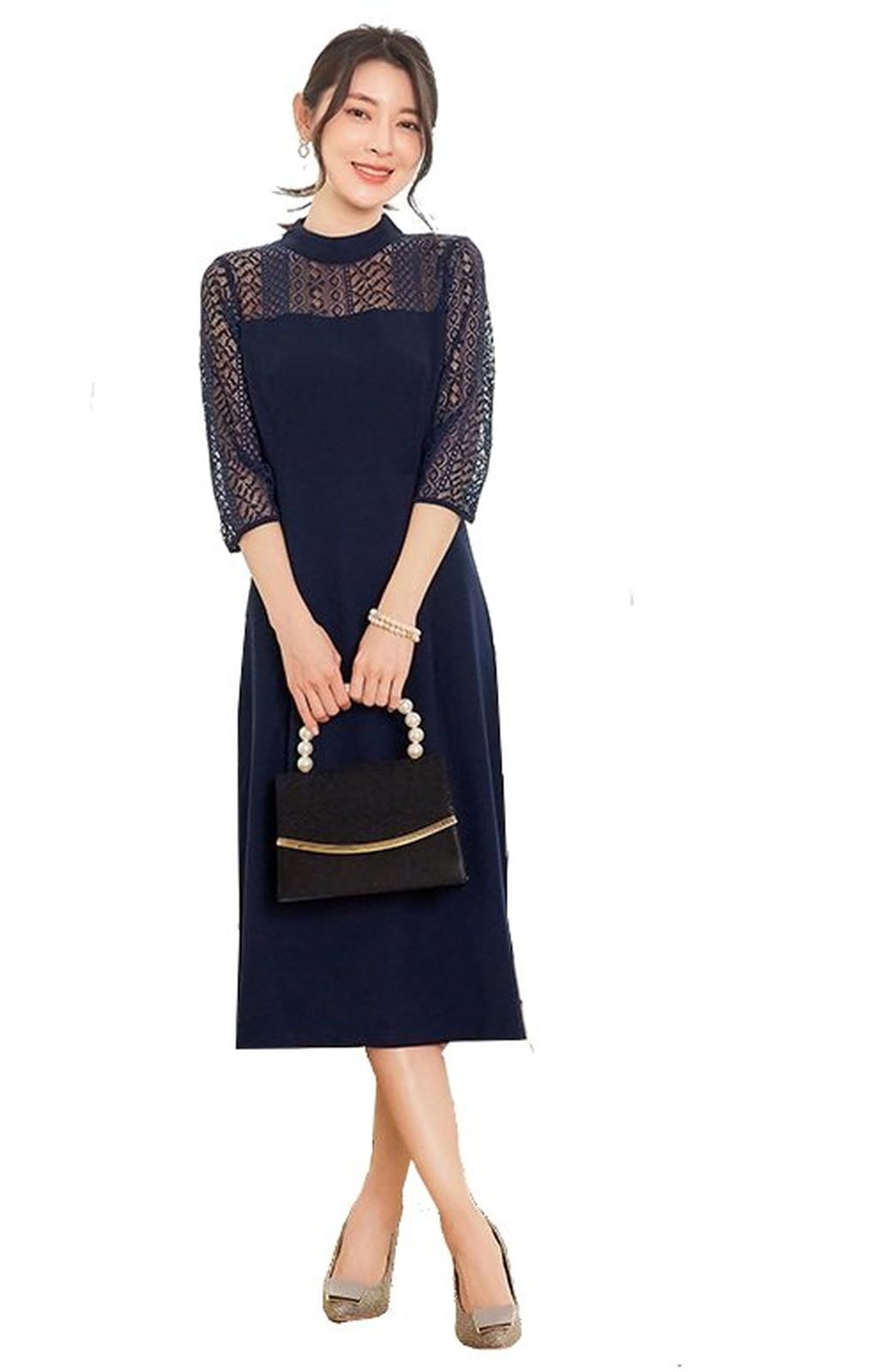 株式会社豊作 ミディ丈ドレス ワンピース フォーマル 入学式 卒業式 通勤 イベント 結婚式 袖あり 七分袖 ラウンドネック 総レース 体型カバー ファスナー JP アルファベット M 紺