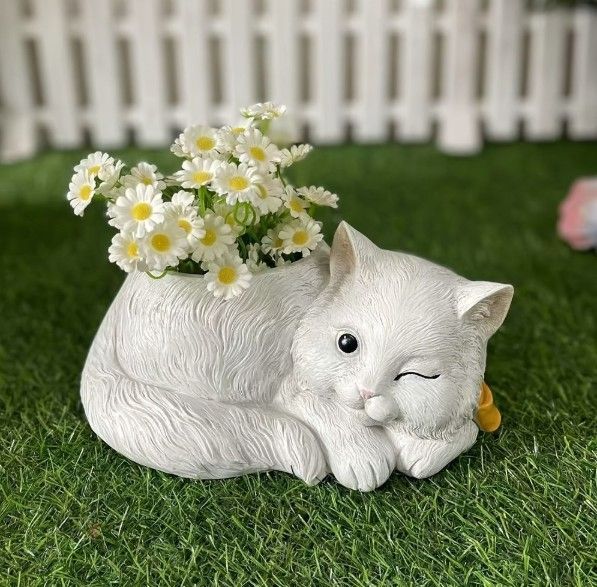 白猫 鉢植え 植木鉢 プランター プラントポット フラワーポット ガーデニング 樹脂 屋内 屋外 室内 インテリア 庭 玄関 寝ているネコ ねこ 多肉植物 サボテン ギフト